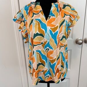 Vibrant Leaf Print Ruffle Sleeve Blouse